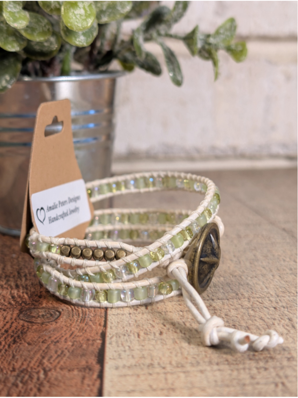 NEW Artisan Boho Triple Wrap Green Beaded White Knotted Leather Button Bracelet - Picture 3 of 4